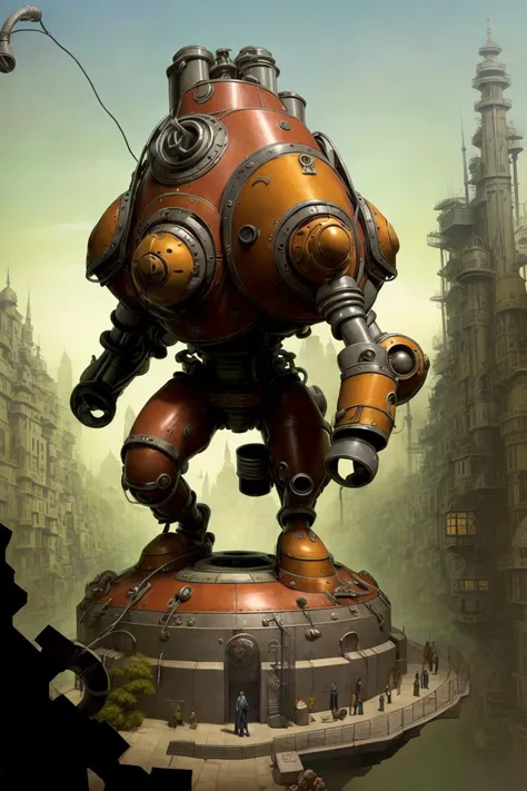 ( Full body ) character illustration 
of   ( ( [ an ominous | a gloomy ] ) [ nautical  |  clockwork ] ( ( art deco ) nautilus ) )
full of ( valves and ( gauges ) ) with hanging ( ( [ hoses |  cables ] ) and [  conduits |  pipes ] )
( ( on top of a pedestal ) 
in the middle of composition framing )
, ( Geometrical ( Alphonse Mucha's  ) )  concept [ character  design |  art | illustration ] 
in  low-tech [ sci-fi  fantasy | medieval futurism ] CCDSF artstyle 
by [ Greg Staples | Boris Vallejo | Greg And Tim Hildebrandt ]
and by [ Donato Giancola | Terese Nielsen ]
, ( clear and readable tangents )
full of negative space 
, exquisite 3D ( solid drawing ) volumetry
enhancing  perspective ( depth )