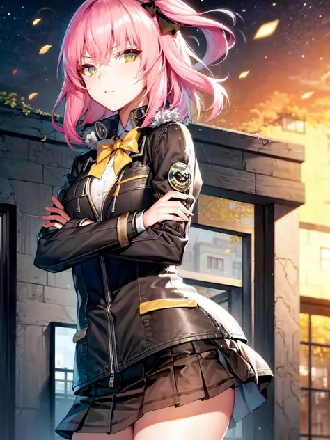 masterpiece, best quality, 1girl, solo, <lora:lee-8:1>, uniform, shirt, skirt, crossed arms, jacket,
