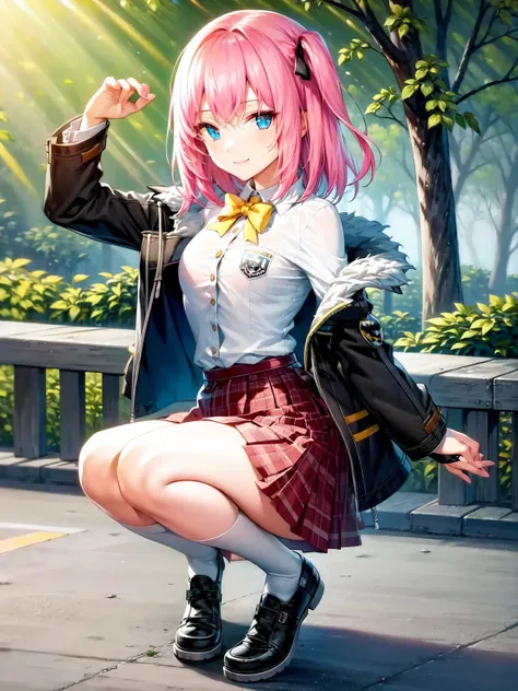 masterpiece, best quality, 1girl, solo, <lora:lee-8:1>, skirt, shirt, uniform, open jacket, little smile,