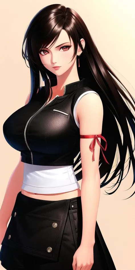 <lora:Tifav1:0.7> tifaffvii, huge_breasts, standing, solo, Black_cropped_vest_Black_cargo_shorts_Red_arm_ribbon, masterpiece, best quality, detailed face, detailed eyes, highres,