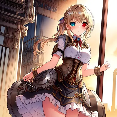 best quality, masterpiece, highres, detailed, perfect anatomy, SteamPunkCh, gears, gas, metallic, gear dress, <lyco:Change - SteampunkCh:0.7>, factory, hair tie, working, machinery, long skirt, gear skirt, 1girl, heterochromia, cowboy shot, curtsey,  <lora:Lia_Amarin-v1:0.6>, Lia Amarin