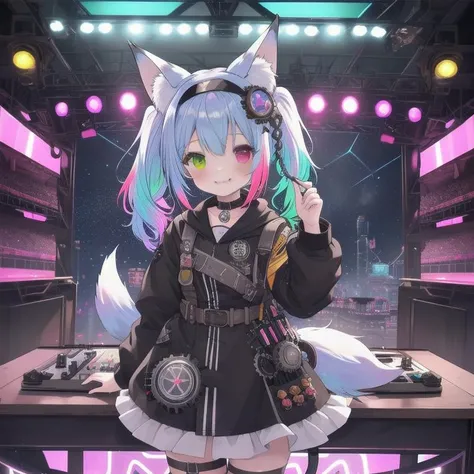 best quality, masterpiece, highres, detailed, perfect anatomy, SteamPunkCh, gears, gas, goggles, gear dress, <lyco:Change - SteampunkCh:0.9>, multicolored hair, hairband, happy, heterochromia, cowboy shot, curtsey, (braid:1.2), animal ears, animal tail, cat ears, cat tail, dog ears, dog tail, fox ears, fox tail, (masterpiece), science fiction, scenery, 1girl, smile, multicolored hair, heterochromia, headgear, dj, dj booth, booth, neon lights, stage, short hair, twintails, sound board, neon pallete,