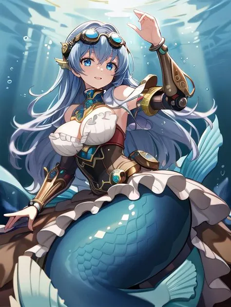 best quality, masterpiece, highres, detailed, perfect anatomy, <lora:Detail - add_detail:0.2>, SteamPunkCh, brown clothing, <lyco:Change - SteampunkCh:0.7>, goggles, <lora:Character - CoralV4:0.7>, mermaid, blue hair, underwater, blue eyes, gear ornaments, cyborg, glowing green energy, happy, CoralVanguard