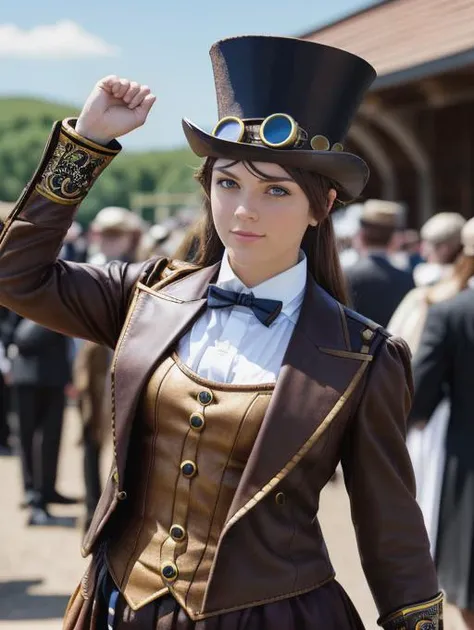 best quality, masterpiece, highres, detailed, perfect anatomy,  <lora:Detail - add_detail:0.2>, SteamPunkCh, brown clothing, <lyco:Change - SteampunkCh:0.7>, goggles,  top hat, formal, metal arm, cosplay, outdoors, arms up,