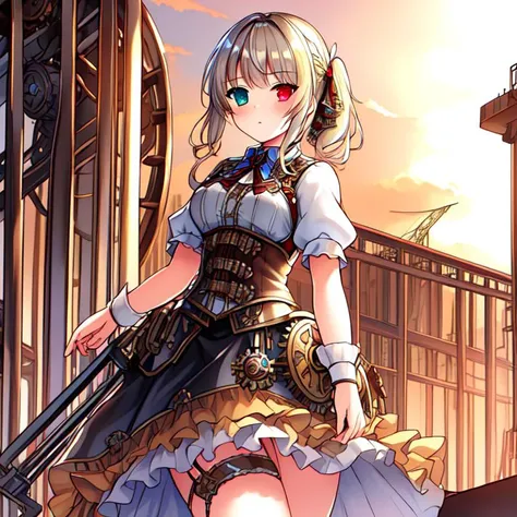 best quality, masterpiece, highres, detailed, perfect anatomy, SteamPunkCh, gears, gas, metallic, gear dress, <lyco:Change - SteampunkCh:0.7>, factory, hair tie, working, machinery, long skirt, gear skirt, 1girl, heterochromia, cowboy shot, curtsey,  <lora:Lia_Amarin-v1:0.6>, Lia Amarin