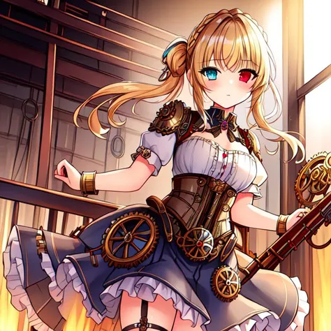 best quality, masterpiece, highres, detailed, perfect anatomy, SteamPunkCh, gears, gas, metallic, gear dress, <lyco:Change - SteampunkCh:0.7>, factory, hair tie, working, machinery, long skirt, gear skirt, 1girl, heterochromia, cowboy shot, curtsey,  <lora:Lia_Amarin-v1:0.6>, Lia Amarin