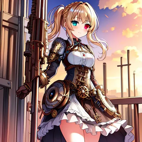 best quality, masterpiece, highres, detailed, perfect anatomy, SteamPunkCh, gears, gas, metallic, gear dress, <lyco:Change - SteampunkCh:0.7>, factory, hair tie, working, machinery, long skirt, gear skirt, 1girl, heterochromia, cowboy shot, curtsey,  <lora:Lia_Amarin-v1:0.6>, Lia Amarin