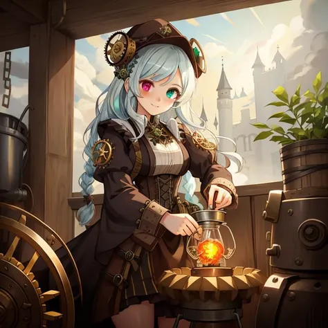 1girl, apothecary, braid, brewing, cauldron, potion, stirring,  <lora:SteamPunkCh:0.8>, SteampunkCh, gears, gear dress, counter, heterochromia,