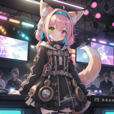 best quality, masterpiece, highres, detailed, perfect anatomy, SteamPunkCh, gears, gas, goggles, gear dress, <lyco:Change - SteampunkCh:0.9>, multicolored hair, hairband, happy, heterochromia, cowboy shot, curtsey, (braid:1.2), animal ears, animal tail, cat ears, cat tail, dog ears, dog tail, fox ears, fox tail, (masterpiece), science fiction, scenery, 1girl, smile, multicolored hair, heterochromia, headgear, dj, dj booth, booth, neon lights, stage, short hair, twintails, sound board, neon pallete,