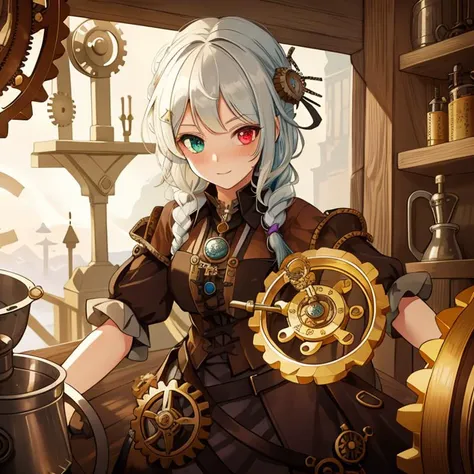 1girl, apothecary, braid, brewing, cauldron, potion, stirring, <lora:SteamPunkCh:0.8>, SteampunkCh, gears, gear dress, counter, heterochromia,