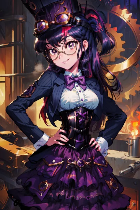 masterpiece,best quality,1girl,mlptwilight,glasses,purple eyes,long hair,blazer,bowtie,skirt,smile,hands on hips,SteampunkCh,goggles,top hat,gears,corset,gas,metallic,gear dress,<lora:SteamPunkCh:0.6>,<lora:mlp_twilightsparkle>,