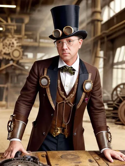 best quality, masterpiece, highres, detailed, perfect anatomy,  <lora:Detail - add_detail:0.2>, SteamPunkCh, brown clothing, <lyco:Change - SteampunkCh:0.7>, goggles,  top hat, formal, metal arm, cosplay, indoors, factory, gears, cyborg, 1man, stern,