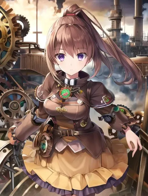 best quality, masterpiece, highres, detailed, perfect anatomy,  <lora:Detail - add_detail:0.2>, SteamPunkCh, gears, gas, metallic, gear dress, <lyco:Change - SteampunkCh:0.7>,  <lora:Character - Nene:0.7>, AmaNene, brown hair, purple eyes, high ponytail, split ponytail, factory, yellow hair tie, working, machinery, long skirt,