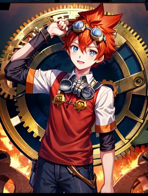 best quality, masterpiece, highres, detailed, perfect anatomy,  <lora:Detail - add_detail:0.2>, SteamPunkCh, gears, gas, top hat, goggles, ChrisT, red t-shirt with white sleees, orange hair, spiked hair, blue eyes, happy, male child, white sleeves,  <lyco:Change - SteampunkCh:0.8> <lora:Characters - ChrisT:0.7>, 1boy,