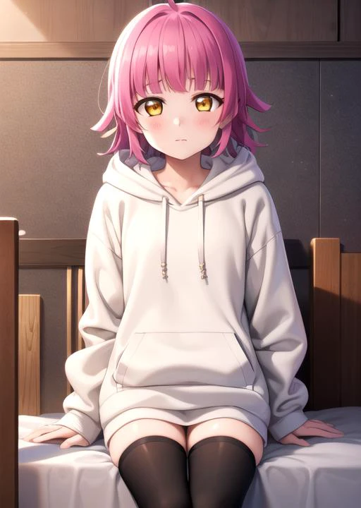 <lora:RinnaLL_v1:0.6>, 1girl, solo, tennouji rina, short hair, pink hair, ahoge, long hoodie, oversized clothes, thighhighs, blush, looking at viewer, expressionless, small breasts, bedroom, masterpiece, high quality, detailed body, detailed face
