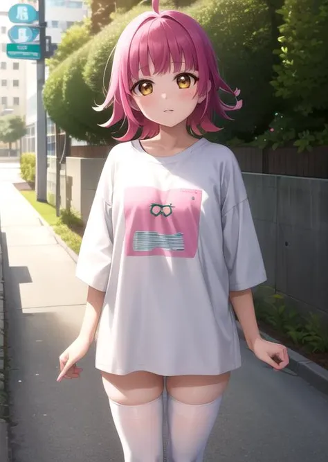 <lora:RinnaLL_v1:0.6>, 1girl, solo, tennouji rina, short hair, pink hair, ahoge, oversized clothes, long shirt, t-shirt, white thighhighs, looking at viewer, blush, masterpiece, high quality, detailed body, detailed face, expressionless, small breasts,