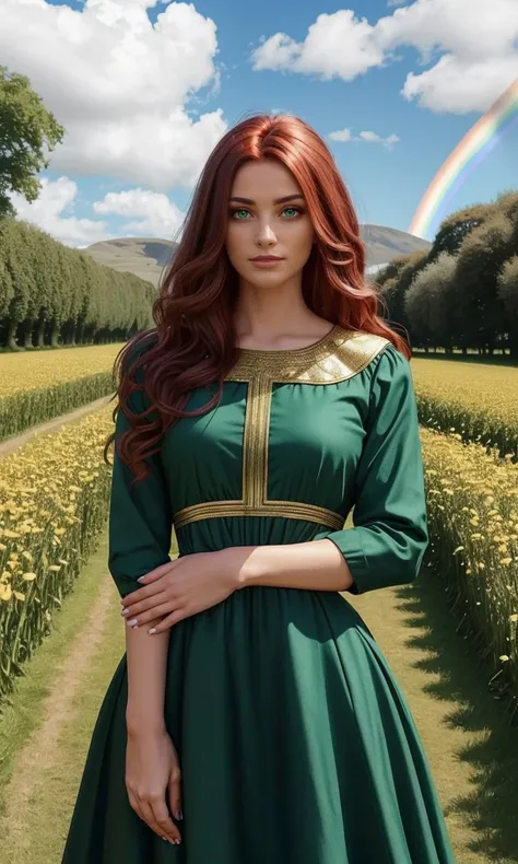 beautiful woman wearing green dress, gold trim, auburn hair, flowing hair, green eyes, epic, otherworldly, fantasy, intricate, Saint Patrick's Day, celebration, field of four-leaf clovers, rainbow, colourful, 8k, uhd, best quality, masterpiece, trending on artstation, Ireland, Celtic mythology, mjw2023, 5 fingers, photorealistic,