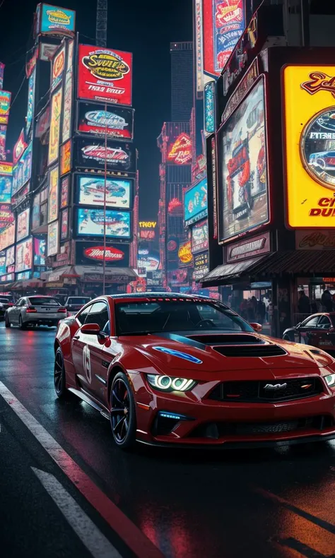 muscle car, driving through las vegas, tinted windows, burnout, smoke from tyres, neon lights, action shot, photorealistic, 8k, uhd, trending on arstation, award winning art, best quality, masterpiece, vibrant color, sci-fi, transformer, cyberpunk city, cyberpunk car,