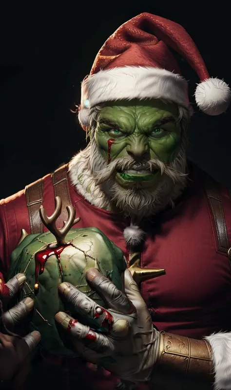 maestrohulk2023, holding severed reindeer head, long white beard, covered in blood, white gloves, green skin, blood dripping from green package, 8k, uhd, best quality, masterpiece, cinematic lighting, trending on arstation, wearing santa hat, smile, blood on face