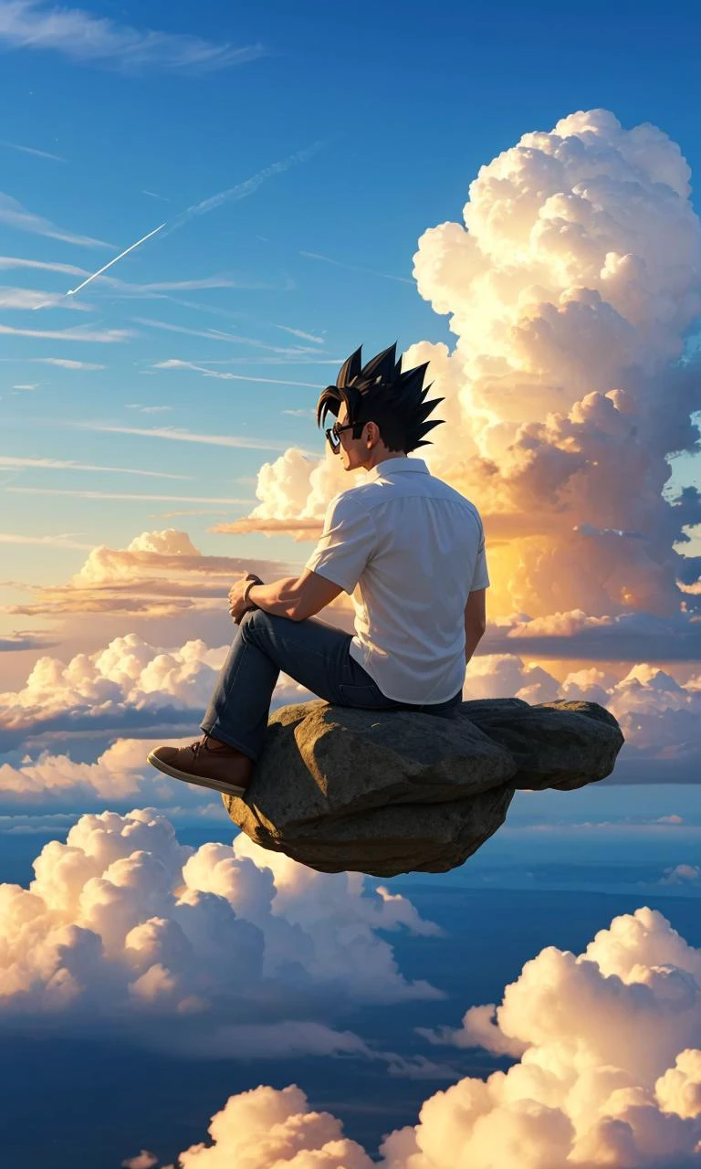 akirat2024, 1man sitting on nimbus cloud, yellow cloud, floating through sky, best quality, illustration, manga, glasses, white shirt,