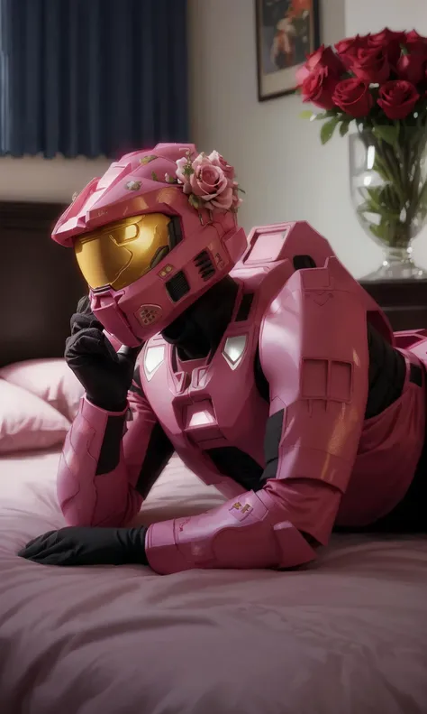 TheLoveChief2024, best quality, armor, helmet, master chief, full body, lying in bed of roses, seductive pose, sexy, roses, valentine's day,