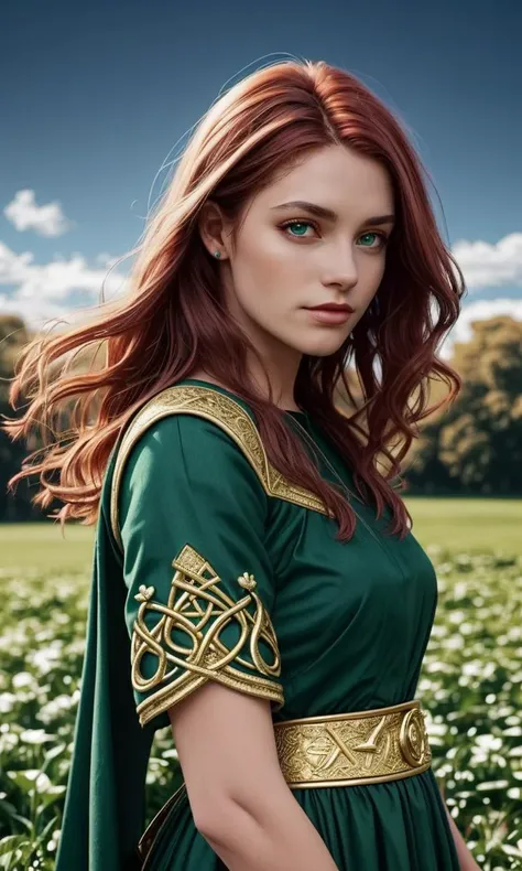 beautiful woman wearing green dress, gold trim, auburn hair, flowing hair, green eyes, epic, otherworldly, fantasy, intricate, Saint Patrick's Day, celebration, field of four-leaf clovers, rainbow, colourful, 8k, uhd, best quality, masterpiece, trending on artstation, Ireland, Celtic mythology, mjw2023, 5 fingers, photorealistic,