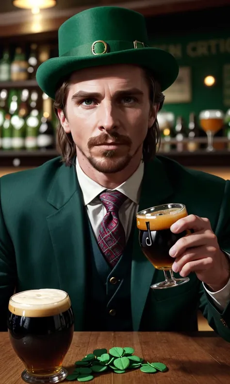 patbat2024, 1man, 8k, uhd, masterpiece, detailed skin, skin pores, intricate, depth of field, raw image, drinking at pub, dressed as leprechaun, green suit, guiness beer, celebration, green decorations, clovers, celtic, irish, Christian Bale