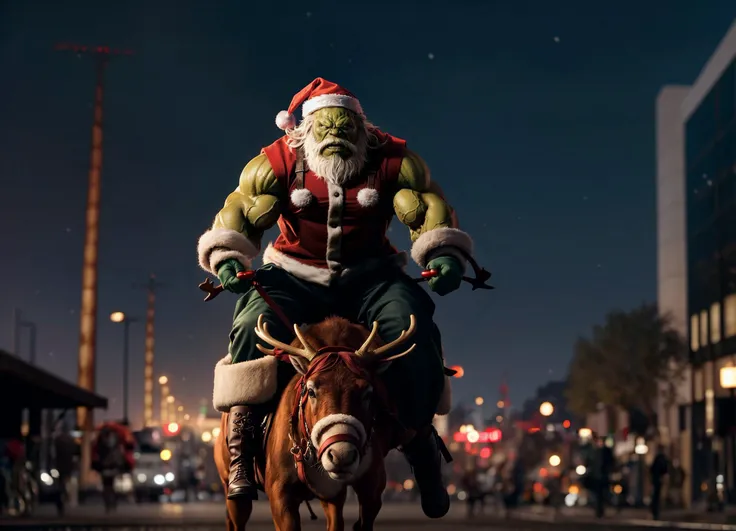 1 green skinned man riding a small red reindeer, green gloves, brown boots, holding reins, 8k, uhd, best quality, masterpiece, cinematic lighting, trending on arstation, sad, cute, city, night, antlers