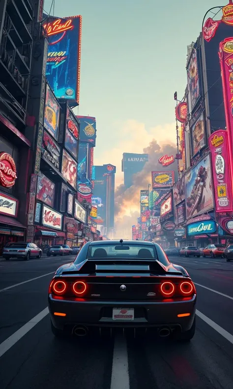 muscle car, driving through las vegas, tinted windows, burnout, smoke from tyres, neon lights, action shot, photorealistic, 8k, uhd, trending on arstation, award winning art, best quality, masterpiece, vibrant color, sci-fi, transformer, cyberpunk city, cyberpunk car,