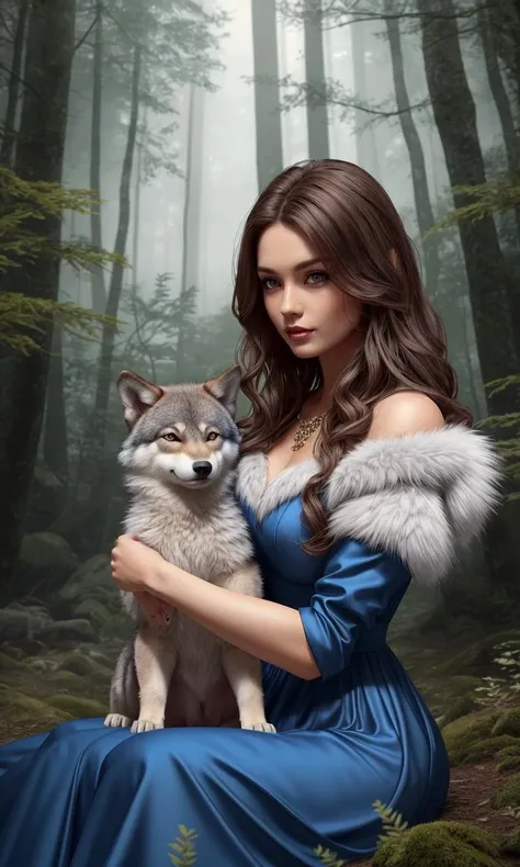 beautiful woman petting a wolf cub, baby wolf, otherworldly, beautiful setting, elegant dress, brown hair, blue dress, epic, photorealistic,  8k, uhd, trending on arstation, award winning art, best quality, masterpiece, 1girl, 1wolf, grey fur, magic, vibrant color, magical forest, cute, looking at viewer,