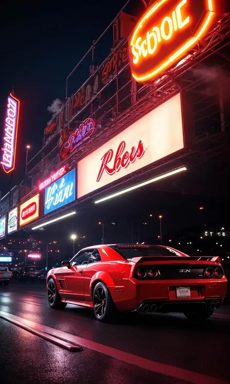 muscle car, driving through las vegas, tinted windows, burnout, smoke from tyres, neon lights, action shot, photorealistic, 8k, uhd, trending on arstation, award winning art, best quality, masterpiece, vibrant color, sci-fi, transformer,