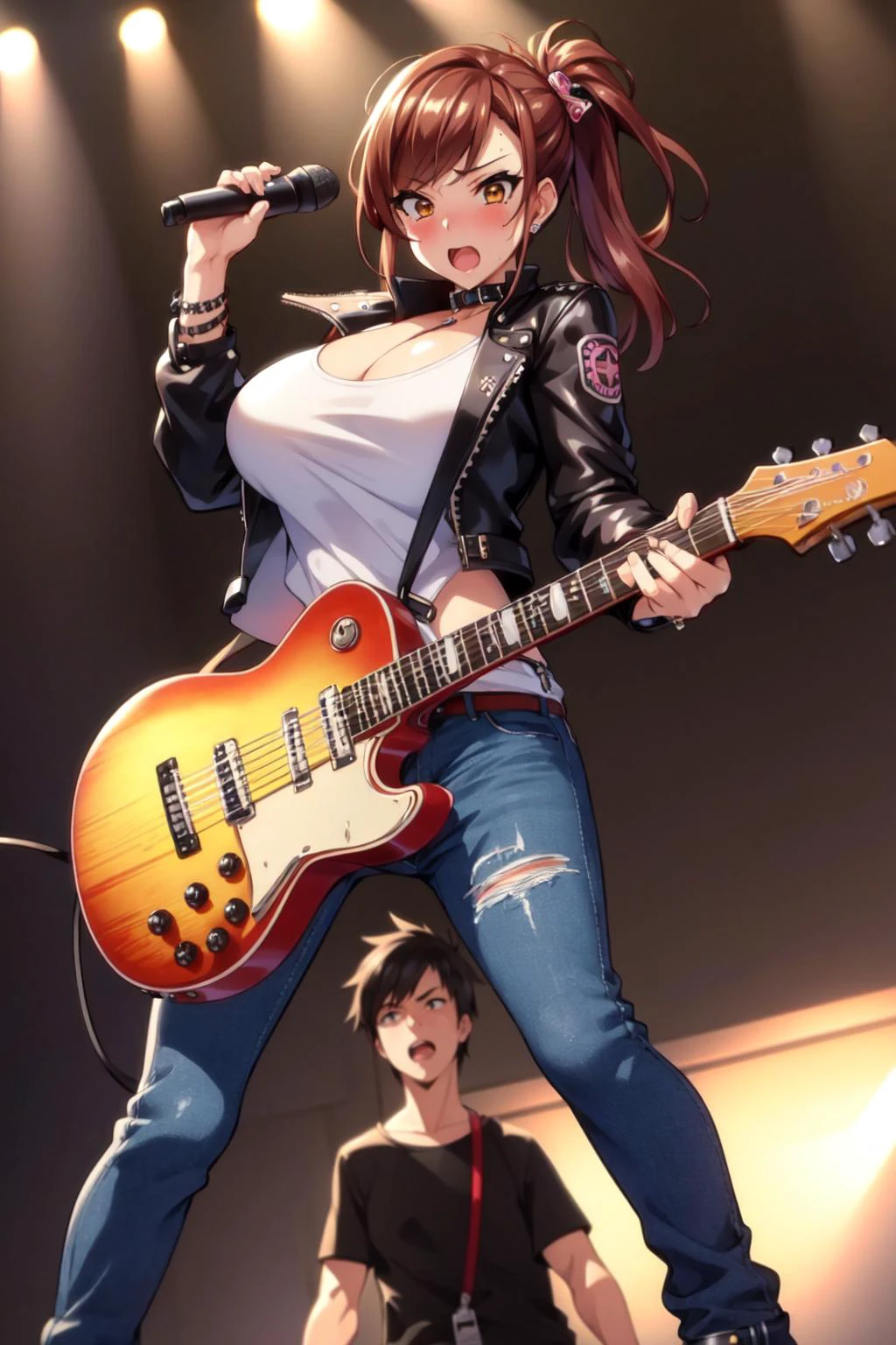masterpiece,best quality,super detailed,ultra detailed,extreme detailed,extremely detailed,ultimate detailed,hyper detailed,himawariwayorunisakunibe, blush, big breasts,punk c jacket,black punk jeans, guitar,guitar solo, On stage<lora:HimawariwaYoruniSaku:0.7>