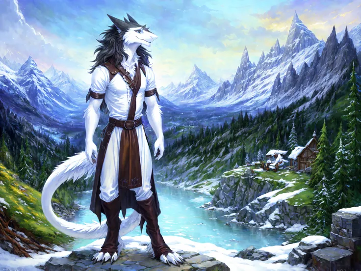 A ((digital painting):1.0) of ((anthro furry male sergal):1.2) in ((((white torn shirt):1.2), leather mage robe, fluffy grey fur, bare feet):1.0), ((asymmetric messy hair, ((detailed eyes):1.2), full body shot, feet focus):1.0), ((fantasy, snow, mountains, wind):1.1), ((masterpiece, impasto impressionism, romanticism):1.0), ((by pino daeni, greg rutkowski, thomas kinkade):1.0), ((trending on artstation):1.0), ((very detailed background, lush detail, stunningly beautiful, epic):1.0), ((cinematic lighting):1.0), ((vibrant color, colorful):1.0), ((8k, hd):1.0), <lora:sergals_v.1:0.7>
