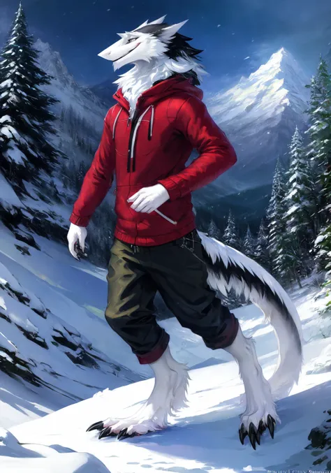 solo, anthro male (sergal:1.1), fluffy, clothed, black:white fur, full body shot, feet focus, snow, mountains, ((masterpiece, best quality):1.0), digital sketch, vibrant, dynamic light, ((by pino daeni, greg rutkowski, thomas kinkade):1.0), <lora:sergals_v.1-000001:0.6>