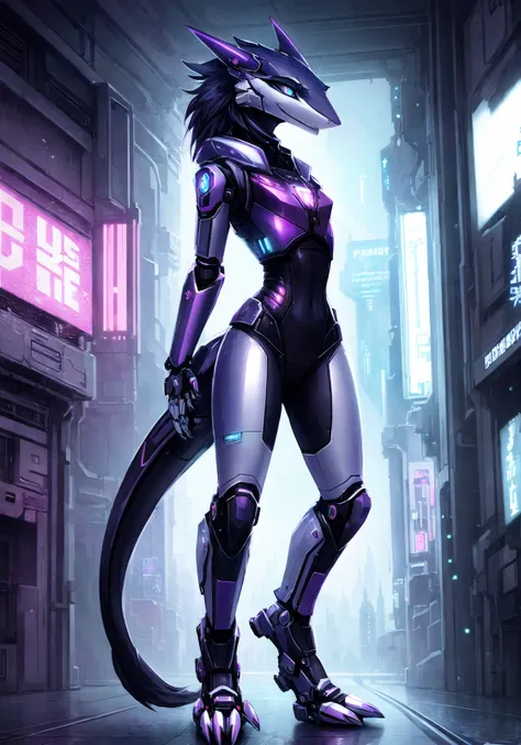 anthropomorphic axolotl, female, she has skin with very detailed white scales, her eyes are totally black, her axolotl face is beautiful and well detailed, she has wide hips, She is tall and thin, His arms and hands are well detailed,She is wearing a violet cybernetic aquatic suit, She is wearing a cyber helmet, She is standing on a ruined street, in the background you can see a ruined city, 2D art style.