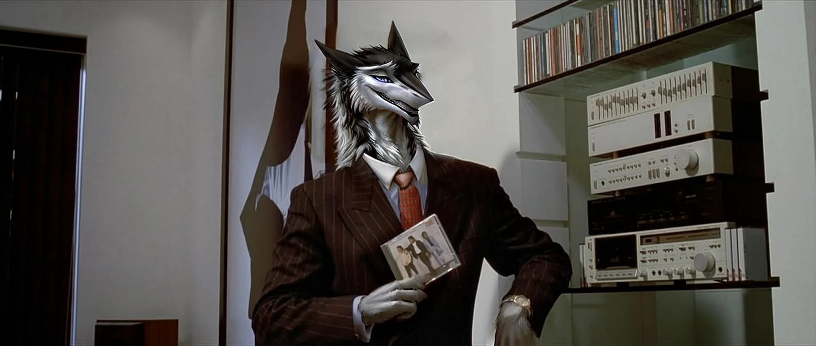 Furry hands, Fur, Furry, Sergal, (((solo))), anthro, portrait, tail , smirk, biped, snout, long fur, (((monochrome fur))), (((black and white fur))), front angle, pose,leaning against, black_tie_(suit) , suit, clothed, simple background, blue eyes, blue iris, detailed eyes, teeth, sharp teeth, <lora:add_detail:1> <lora:sergals_v1:0.7> uploaded to e621,masterpiece, Beautiful, amazing, best quality, great, realistic photograph, cinematic lighting, shaded, vibrant,