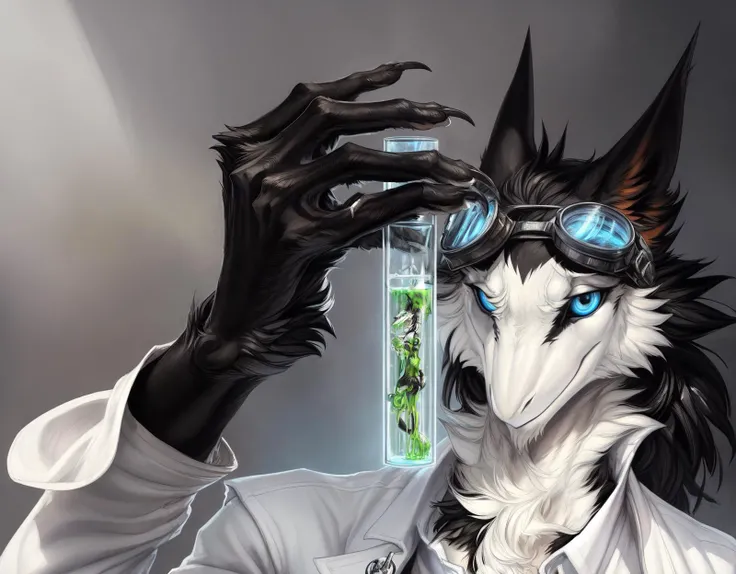 male, anthro, (sergal:1.0), (black fur:1.2), white fur, claws, fluffy, (glass vial:1.3), messy hair, (blue eyes, black sclera:1.0), (goggles:1.2), (science fiction:1.2),
BREAK digital media \(artwork\), by kenket, by claweddrip, by thebigslick, by hioshiru, countershading, simple background
<lora:sergals_v.1-000001:0.2>
<lora:add_detail:0.7>