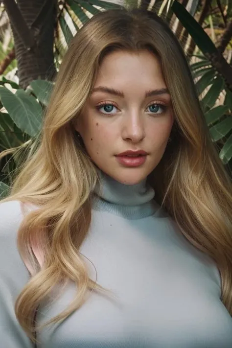 RAW close up portrait of a stunningly beautiful p33nyl, stunning eyes, large breasts, blonde, looking at viewer, stunning iridescent teal pink turtleneck, close up, perfect face, facial focus, in a jungle paradise, 8k uhd