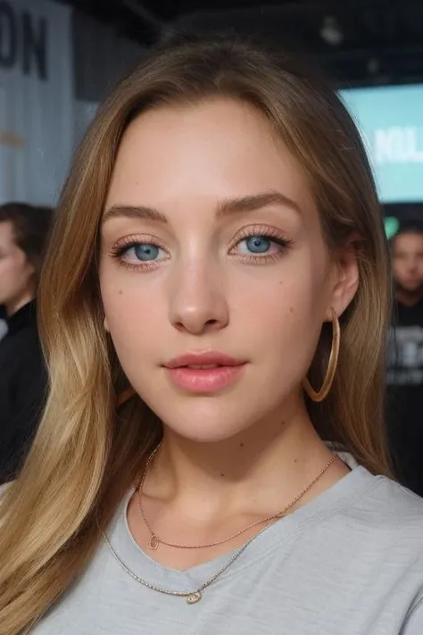 RAW, close up, a stunningly beautiful p33nyl, stunning eyes, large breasts, blonde, looking at viewer, stunning sweatshirt, necklace, earrings, perfect face, facial focus, at the comicon convention, crowded, people in the background, 8k uhd