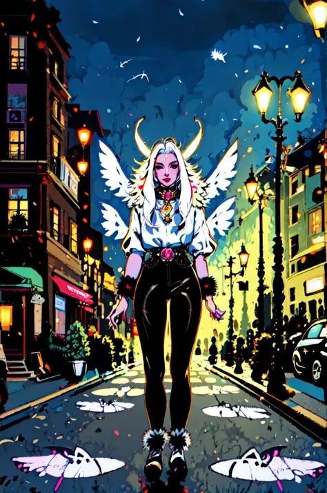 masterpiece, best quality, 1girl, solo, moth girl, white hair, white skin, four arms, multiple arms, black eyes, neck fur, moth antennae, (white moth wings), multiple wings, casual top, black pants, fur collar, outside, city, at night, streetlight   <lora:Comics:0.5> <lora:EnvyPrincessMix:1>