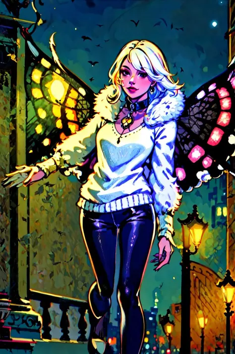 masterpiece, best quality, 1girl, solo, moth girl, white hair, white skin, four arms, multiple arms, black eyes, neck fur, moth antennae, (white moth wings), multiple wings, casual top, black pants, fur collar, outside, city, at night, streetlight <lora:Comics:0.5> <lora:EnvyPrincessMix:1>