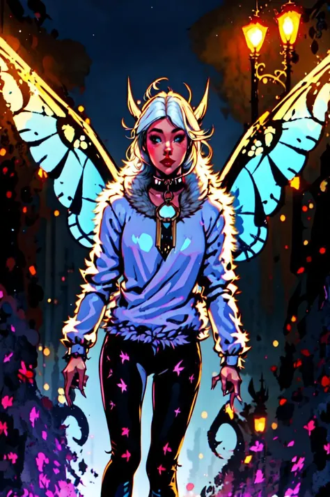 masterpiece, best quality, 1girl, solo, moth girl, white hair, white skin, four arms, multiple arms, black eyes, neck fur, moth antennae, (white moth wings), multiple wings, casual top, black pants, fur collar, outside, city, at night, streetlight <lora:Comics:1> <lora:EnvyPrincessMix:1>