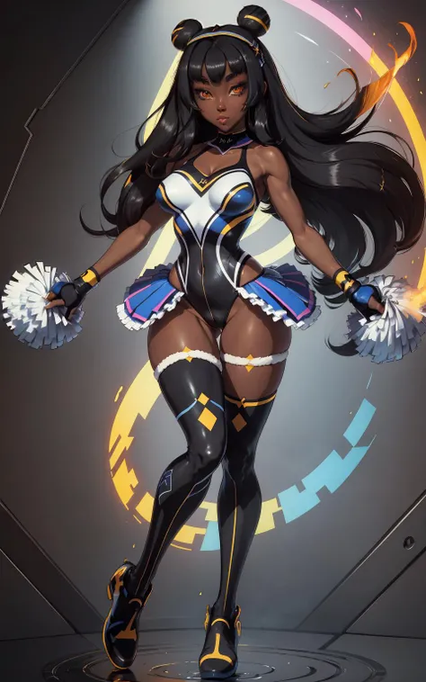 (masterpiece), (best_quality), (ultra-detailed), (illustration), (welcoming), 1girl, (diamond ultimate cheerleader:1.3), (full body:1.4), thigh gap, multicolor hair with black highlights, bombshell hair,swept bangs, pose, [:colorful, revealing costume design:0.2], glowing eyes,legwarmers, medium breasts, narrow waist, hourglass figure,skindentation, (leotard:1.2), (dark skin:1.3), official art, vivid color, finely detailed, hyper detailed, 8k, high resolution illustration, absurdres, intricate detail  <lora:EnvyCuteMix01:0.25><lora:EnvyPrincessMix:1><lora:cutemix4:0.6>