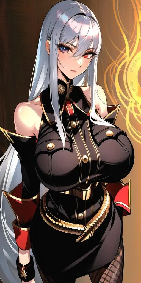 <lora:selvaria_blesV2:0.7> selvaria_bles, huge_breasts, standing, solo, military_uniform_black_short_dress_detached_sleeves_golden_belt_black_pantyhose_halterneck_high_heels, masterpiece, best quality, detailed face, detailed eyes, highres,