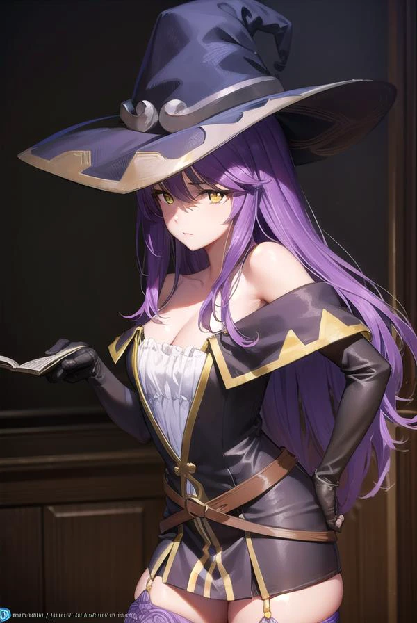 witch, <lora:witch-lora-nochekaiser:1>,
witch, long hair, purple hair, (yellow eyes:1.5),
BREAK thighhighs, gloves, hat, dress, cleavage, bare shoulders, elbow gloves, witch hat, (pelvic curtain:1.2), purple thighhighs,
BREAK indoors,
BREAK looking at viewer, (cowboy shot:1.5),
BREAK <lyco:GoodHands-beta2:1>, (masterpiece:1.2), best quality, high resolution, unity 8k wallpaper, (illustration:0.8), (beautiful detailed eyes:1.6), extremely detailed face, perfect lighting, extremely detailed CG, (perfect hands, perfect anatomy),