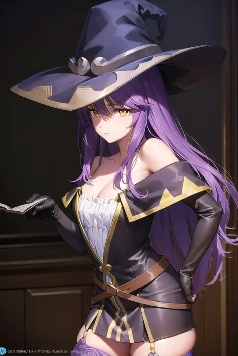 witch, <lora:witch-lora-nochekaiser:1>,
witch, long hair, purple hair, (yellow eyes:1.5),
BREAK thighhighs, gloves, hat, dress, cleavage, bare shoulders, elbow gloves, witch hat, (pelvic curtain:1.2), purple thighhighs,
BREAK indoors,
BREAK looking at viewer, (cowboy shot:1.5),
BREAK <lyco:GoodHands-beta2:1>, (masterpiece:1.2), best quality, high resolution, unity 8k wallpaper, (illustration:0.8), (beautiful detailed eyes:1.6), extremely detailed face, perfect lighting, extremely detailed CG, (perfect hands, perfect anatomy),