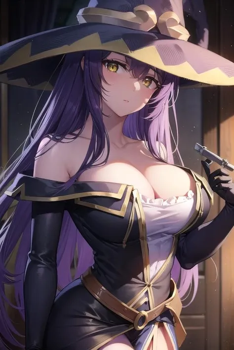 witch, <lora:witch-lora-nochekaiser:1>,
witch, long hair, purple hair, (yellow eyes:1.5),
BREAK thighhighs, gloves, hat, dress, cleavage, bare shoulders, elbow gloves, witch hat, (pelvic curtain:1.2), purple thighhighs,
BREAK indoors,
BREAK looking at viewer, (cowboy shot:1.5),
BREAK <lyco:GoodHands-beta2:1>, (masterpiece:1.2), best quality, high resolution, unity 8k wallpaper, (illustration:0.8), (beautiful detailed eyes:1.6), extremely detailed face, perfect lighting, extremely detailed CG, (perfect hands, perfect anatomy),
