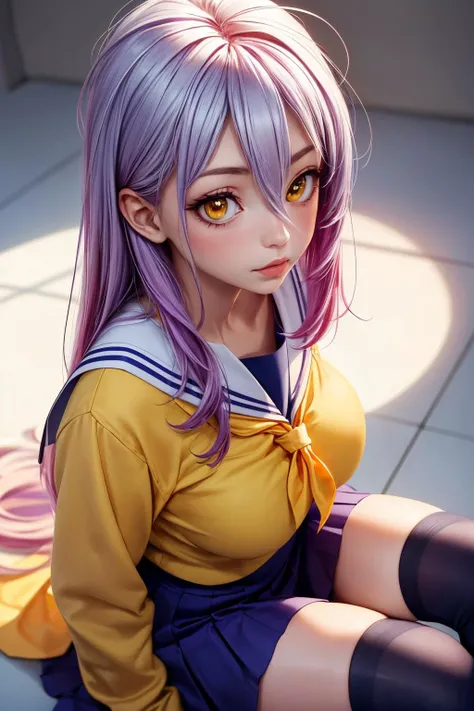 (ultra realistic,32k, masterpiece:1.1),(high detailed skin:1.1), 8k uhd, dslr, high quality, (thick\lips\),
<lora:shiro _(no game no life) :0.7>shiro \(no game no life\),long hair,multicolored hair,hair between eyes,gradient hair,yellow eyes,(school uniform:1.2),yellow neckerchief,sailor collar,purple shirt,long sleeves,purple skirt,thighhighs,, , <lora:add_detail:0.81>, huge breast,
(looking at viewer, sitting, crossed legs, from above:1.1),,
,(radiant:1.1), blank background