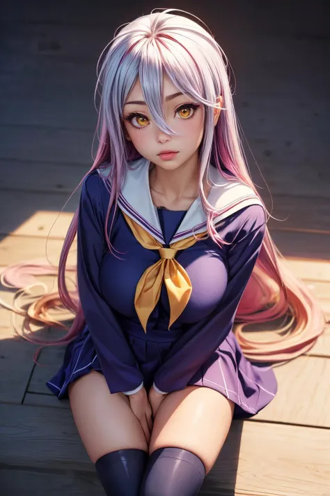 Beautiful older sister, smile, small face, big eyes, big breasts, big ass, pink long hair, white knitted dress mini, sailor suit, sleeveless, navy blue tie, headphones, plump body, squatting, open legs,