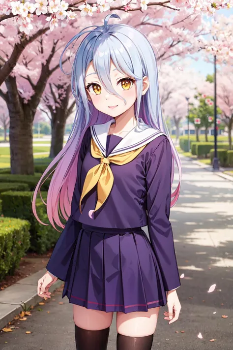 masterpiece,best quality,highres,ultra-detailed,shiro \(no game no life\),long hair,multicolored hair,hair between eyes,gradient hair,yellow eyes,flat chest,(school uniform:1.2),yellow neckerchief,sailor collar,purple shirt,long sleeves,purple skirt,thighhighs,black footwear,loafers,<lora:shiro _(no game no life) :0.7>,outdoors,standing,smile,cherry blossoms,cowboy shot,